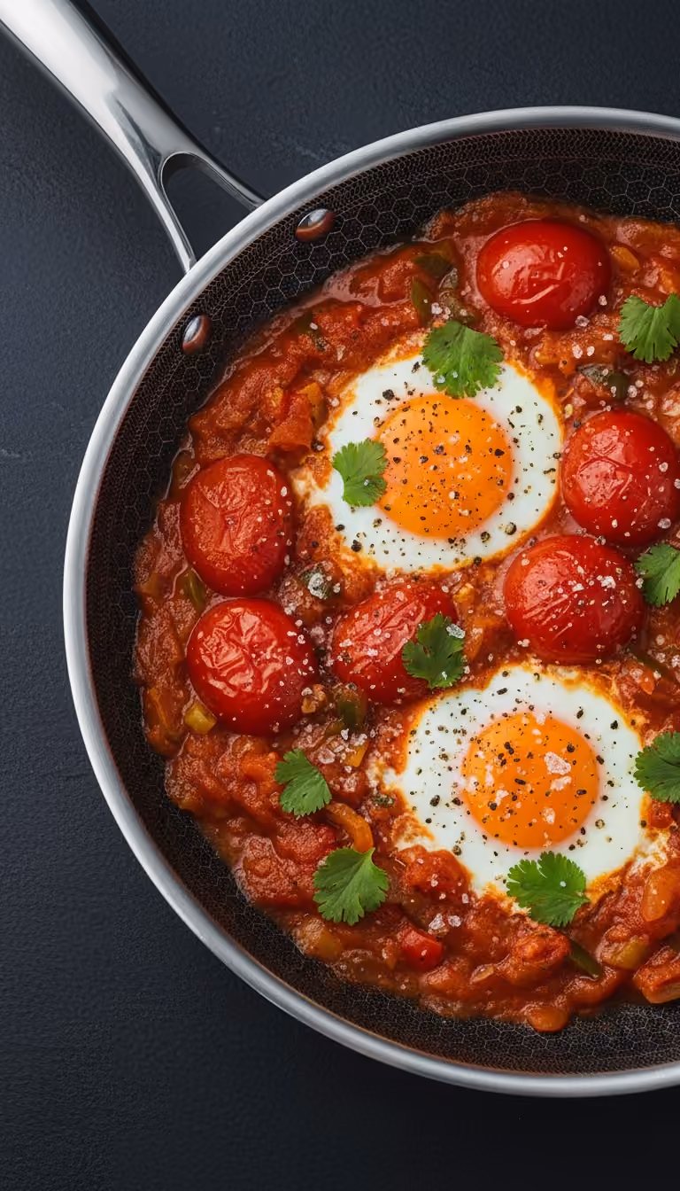 Shakshuka skillet overhead lifestyle image