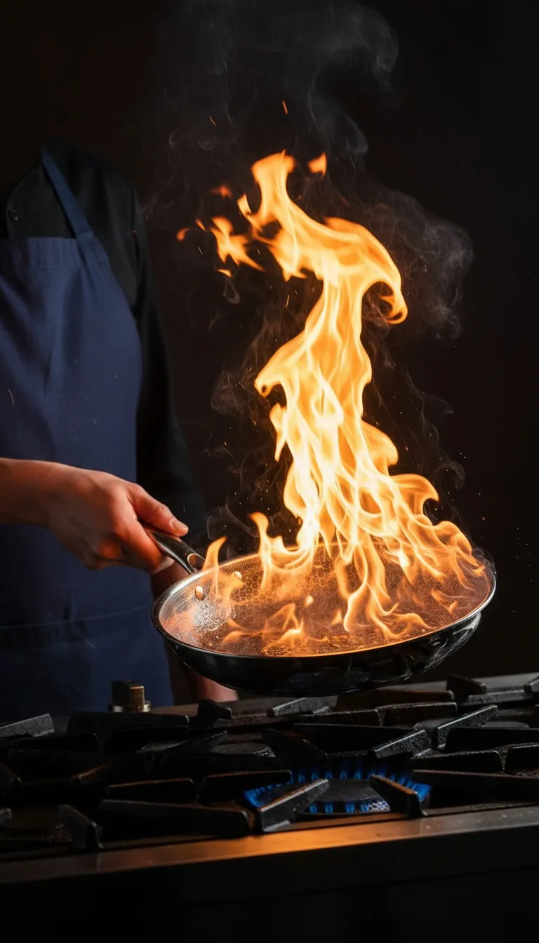 Flaming pan stovetop lifestyle image