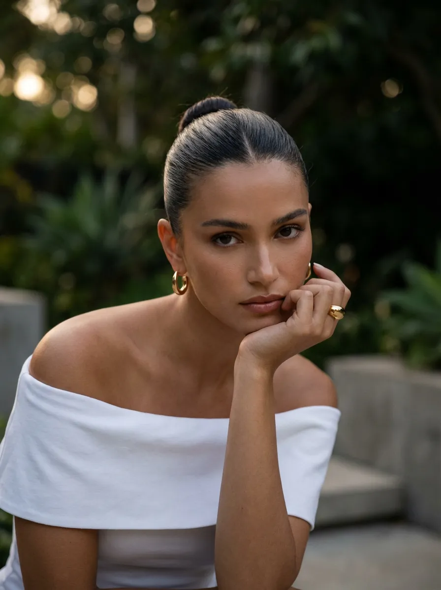 Gold hoops garden portrait lifestyle image