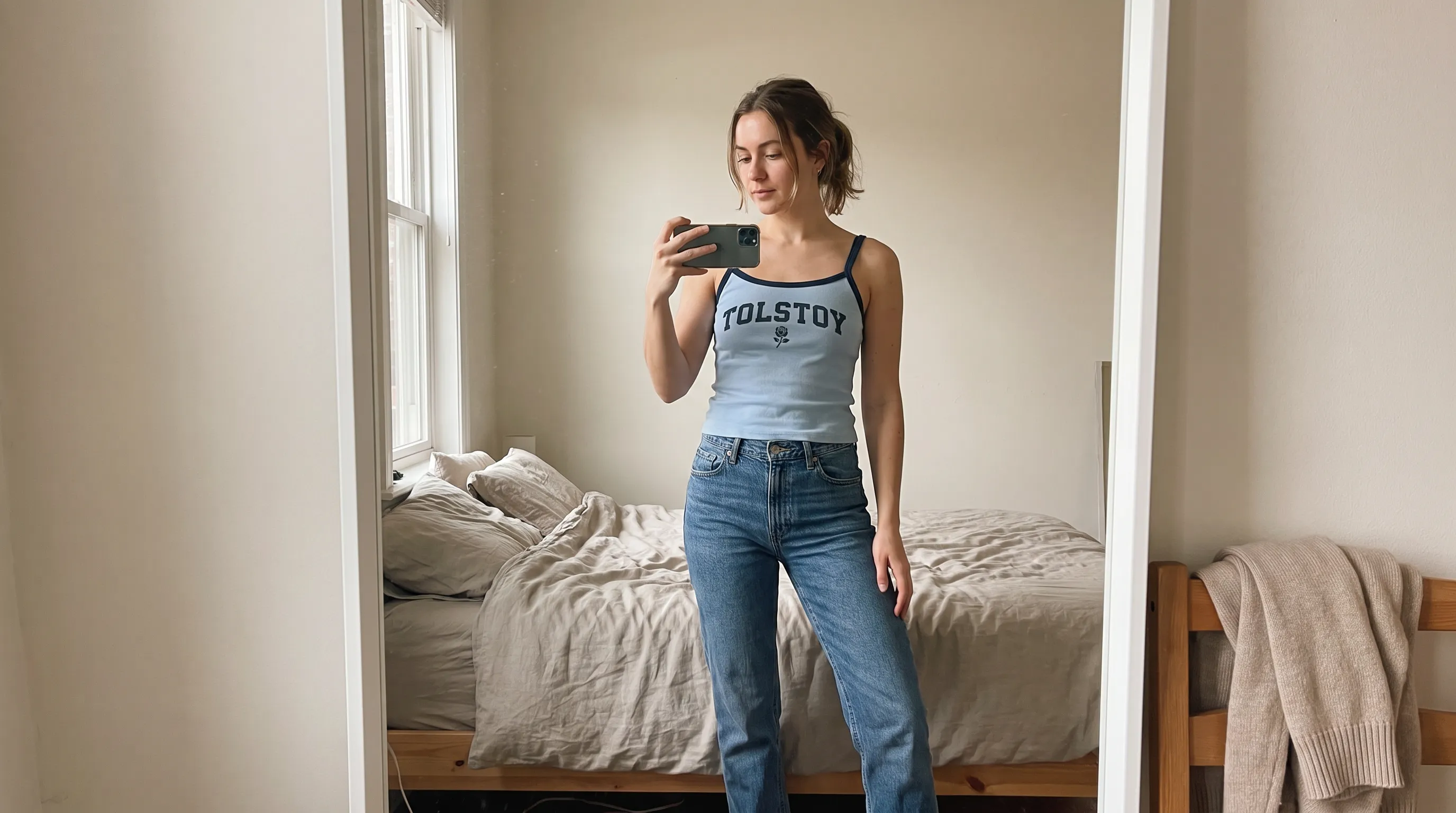 UGC-style iPhone mirror selfie featuring the same light blue Tolstoy tank