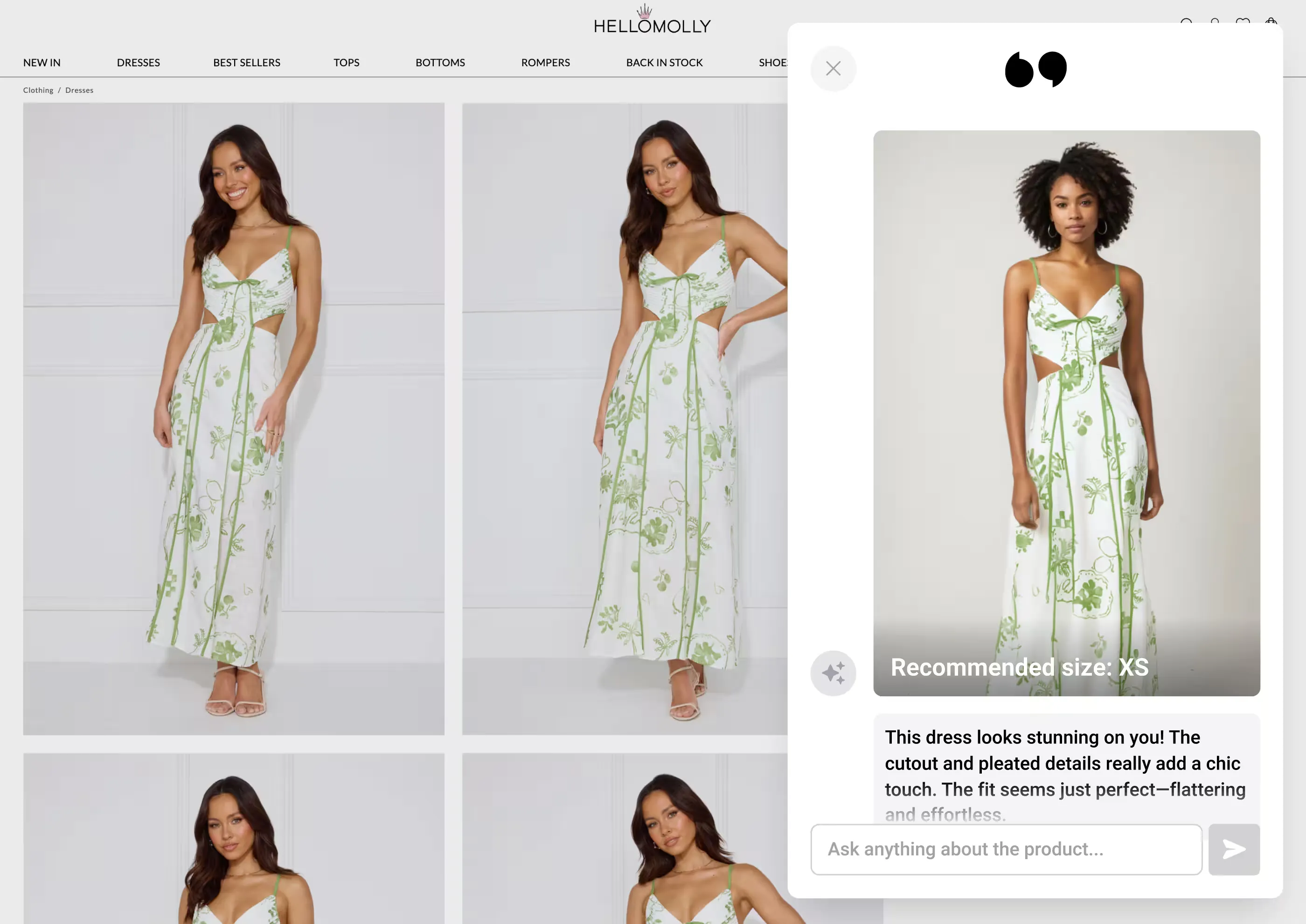 Virtual try-on showing a product worn by the shopper