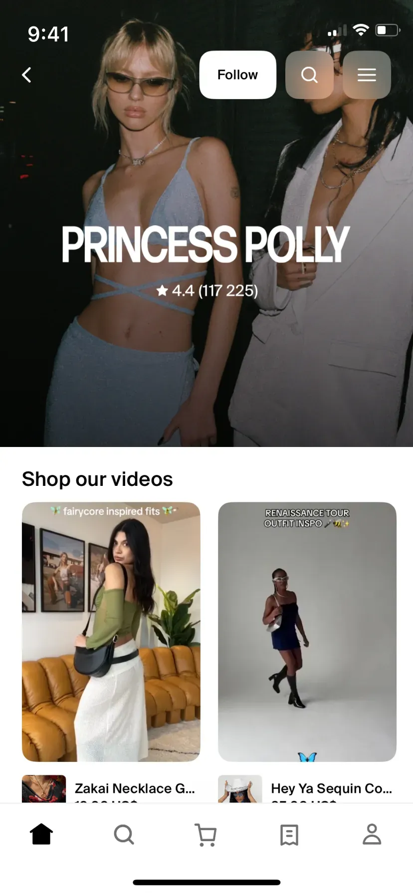 Princess Polly's Shop Store with a shoppable video feed below the hero section