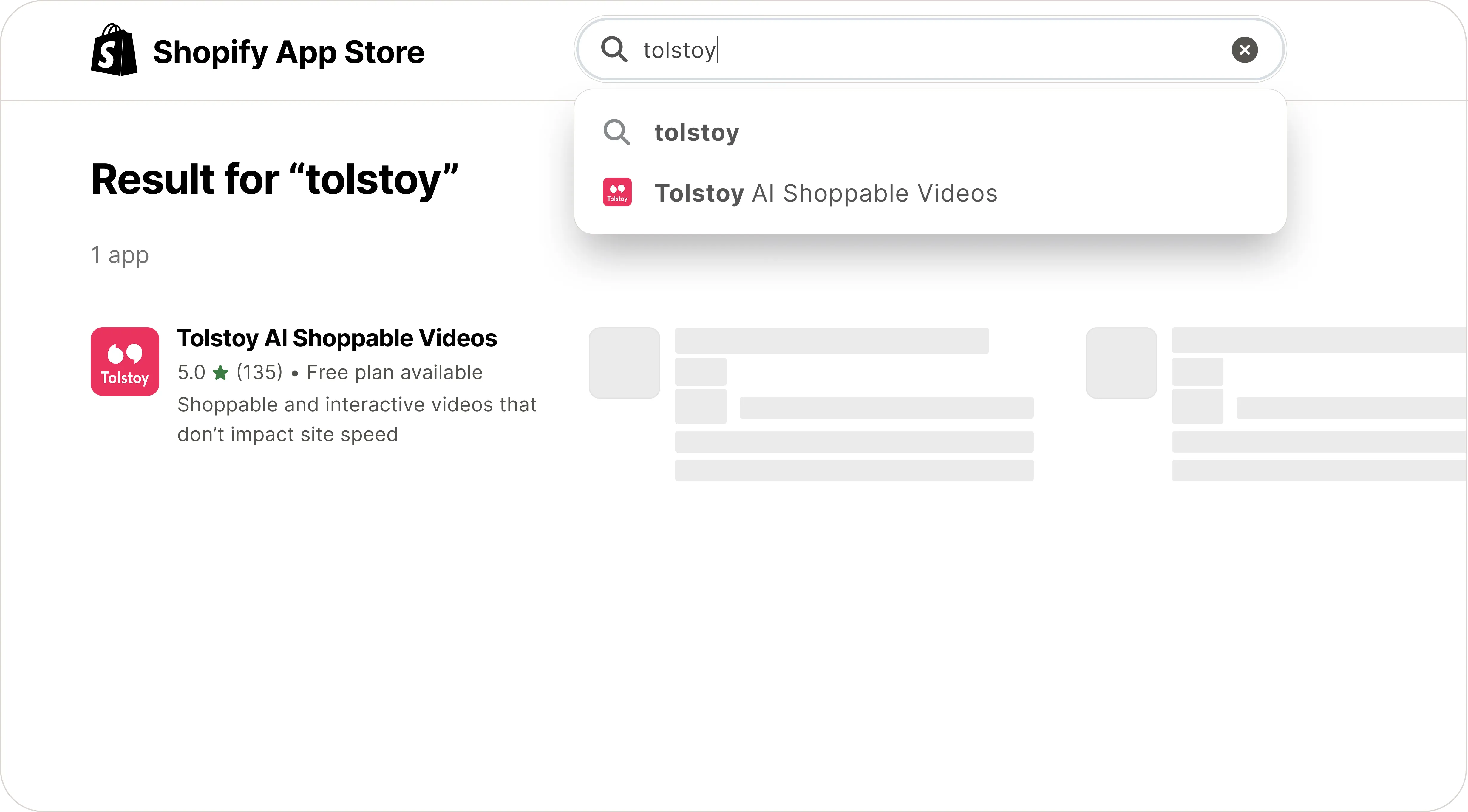 Tolstoy app listing ready to install on a Shopify store