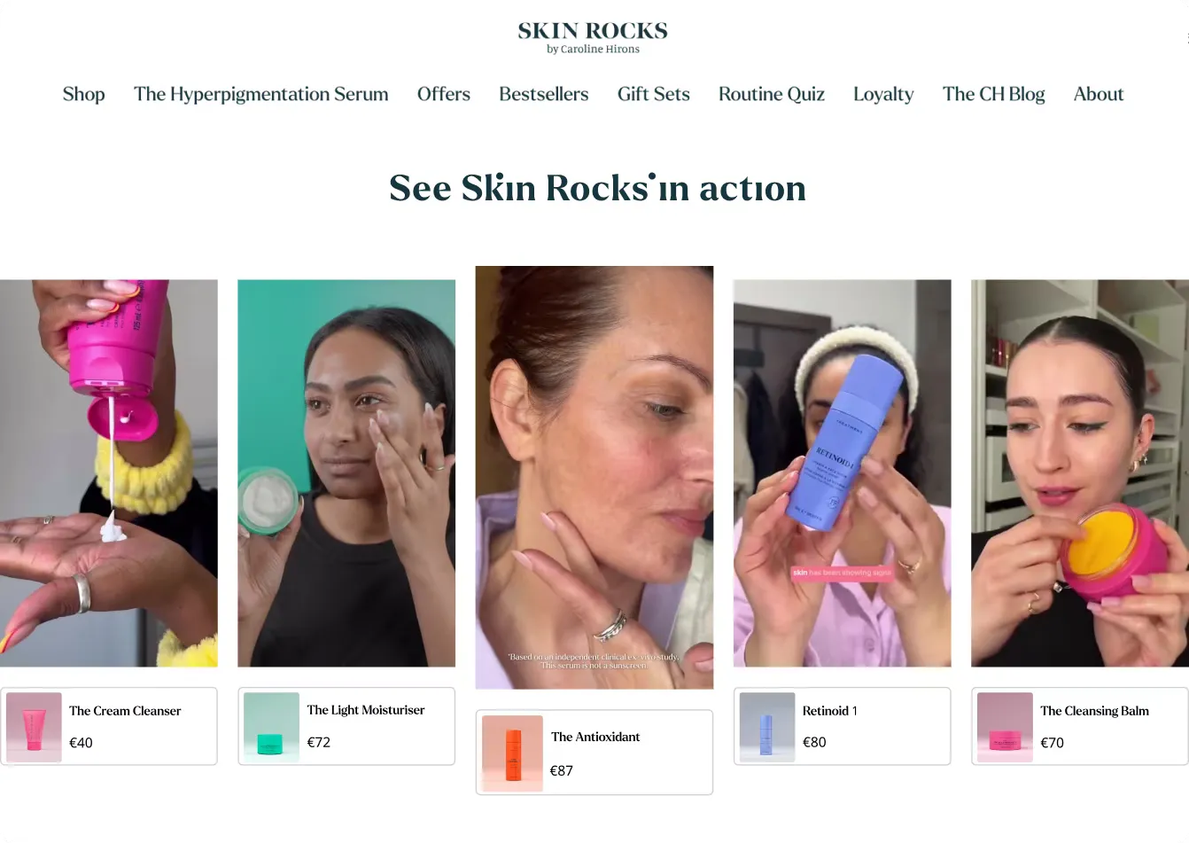 Skin Rocks product page with Tolstoy UGC videos