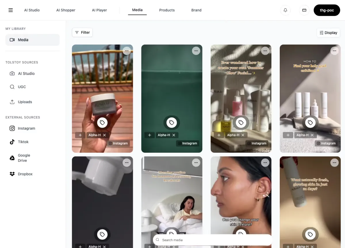 Tolstoy video library managing content across TikTok, Walmart, Shop App, and website