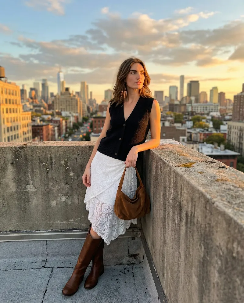 Rooftop dress-and-boots fit-check image