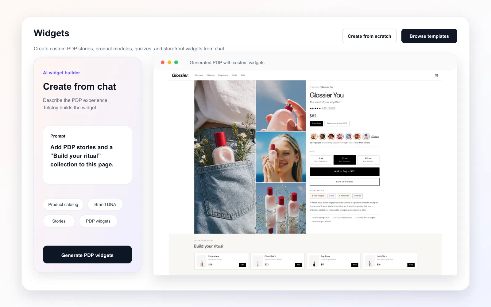 Tolstoy chat-based widget builder creating custom PDP stories and product modules