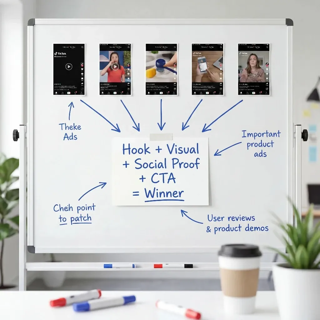 Whiteboard mapping short-video ads to hook, visual, social proof and CTA