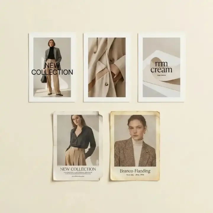 Brand mood board with collection cards, palette and product photos