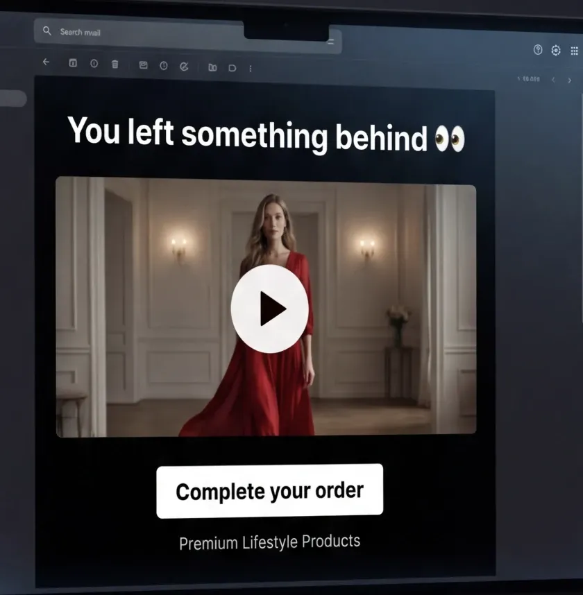 Cart abandonment email with a product video and a Complete your order button