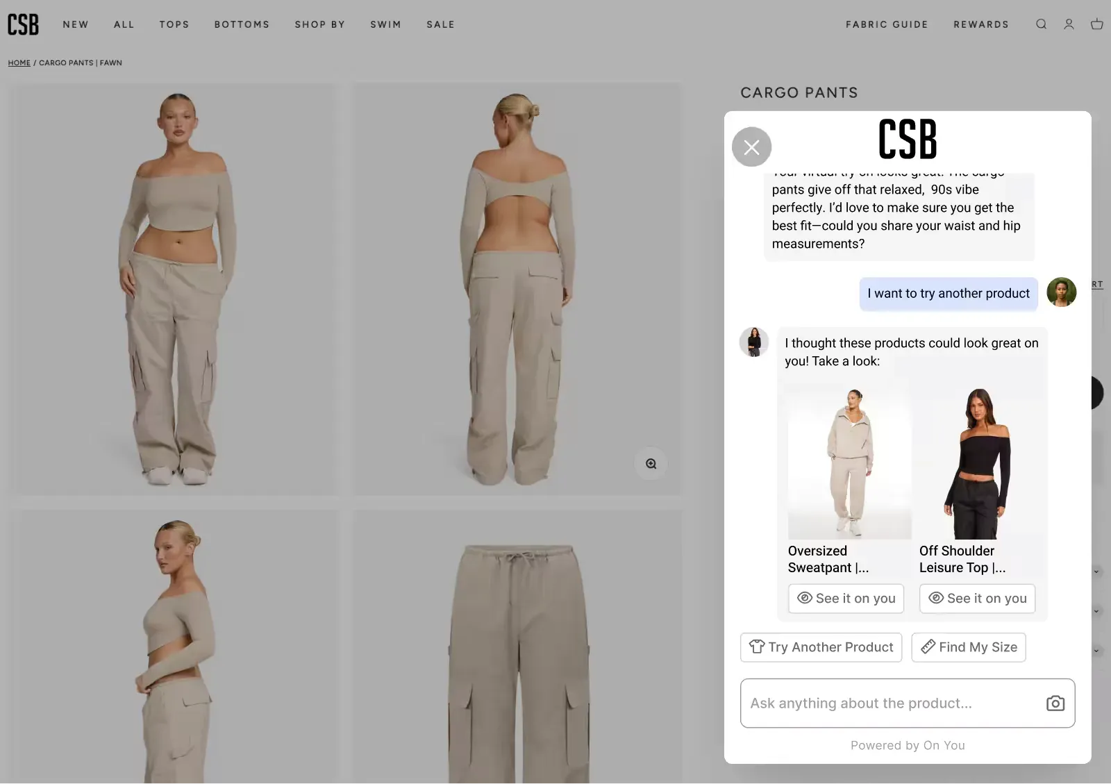 CSB storefront with Tolstoy recommending sweatpants and an off-shoulder top alongside a cargo-pants product page