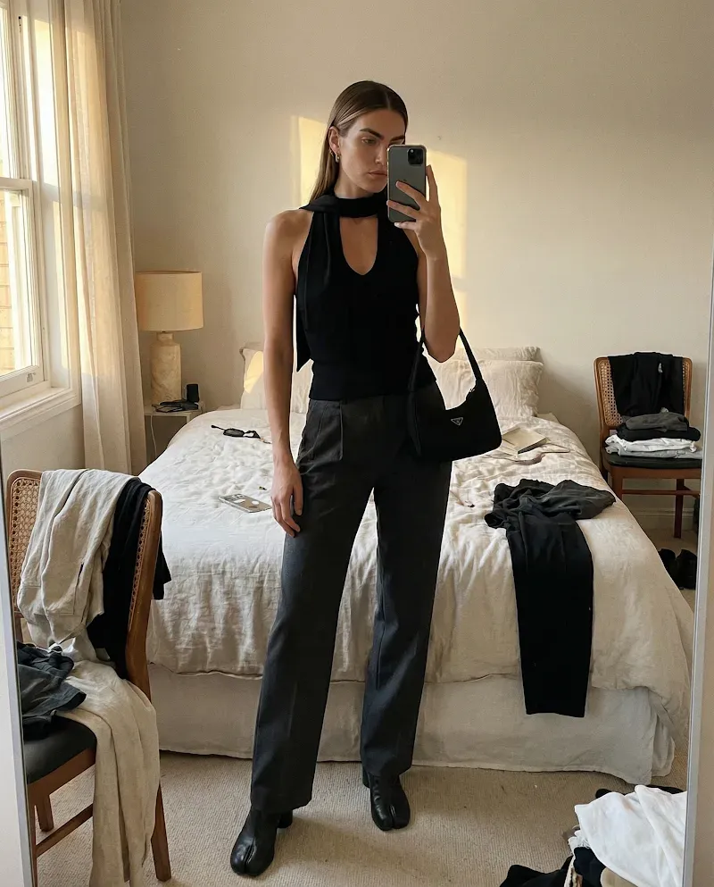 On-model lifestyle direction created from the same black fashion look