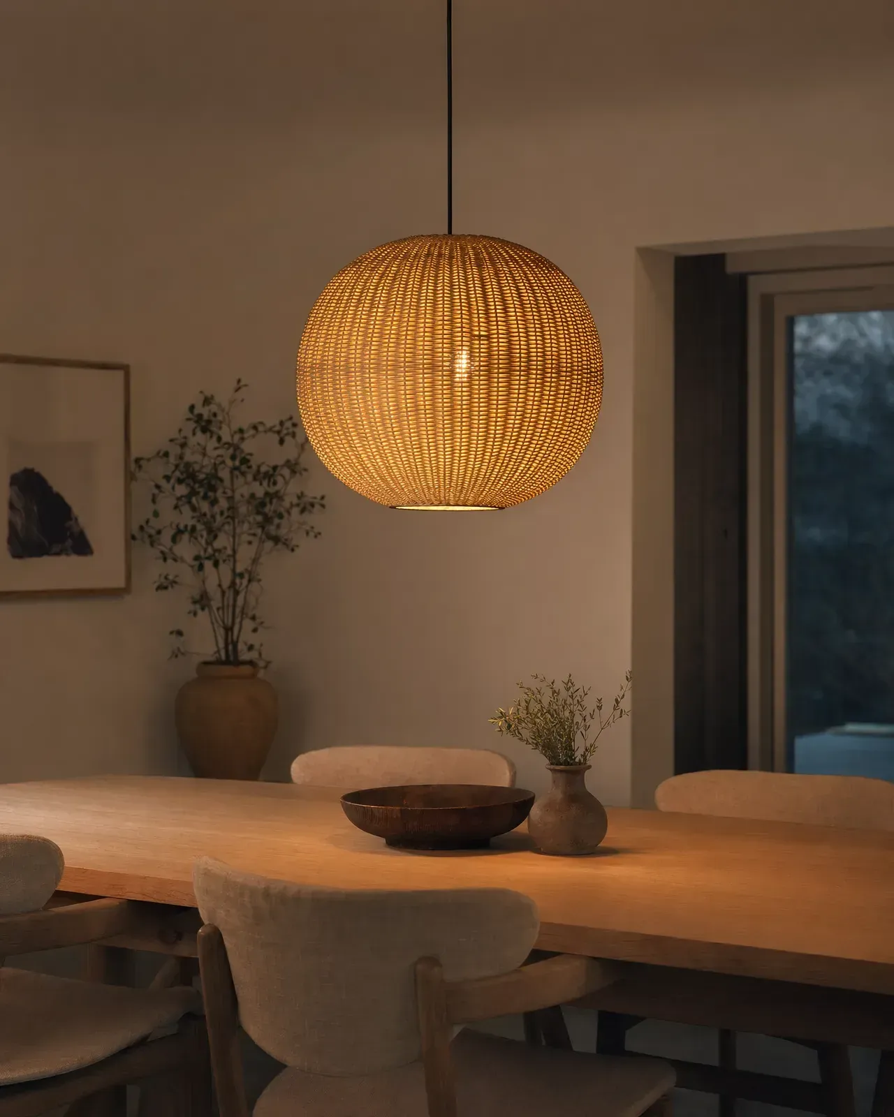 Woven pendant light above a wood dining table in a warm interior