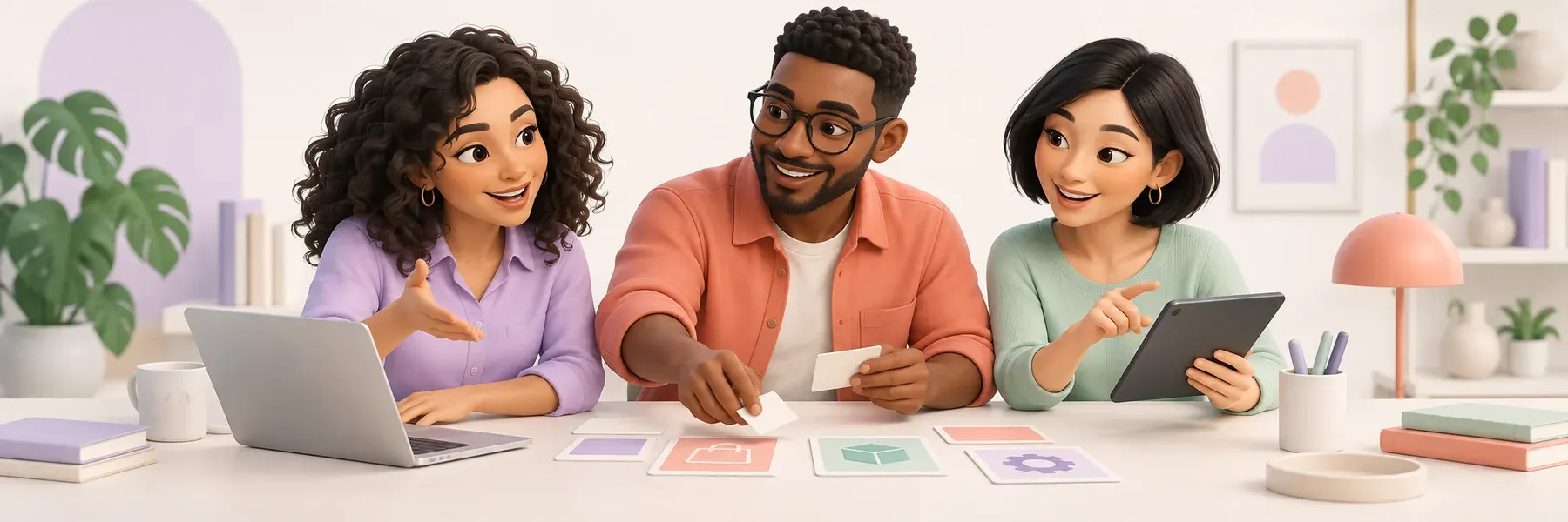 Illustration of three human specialists collaborating on implementation, workflow adoption and AI training