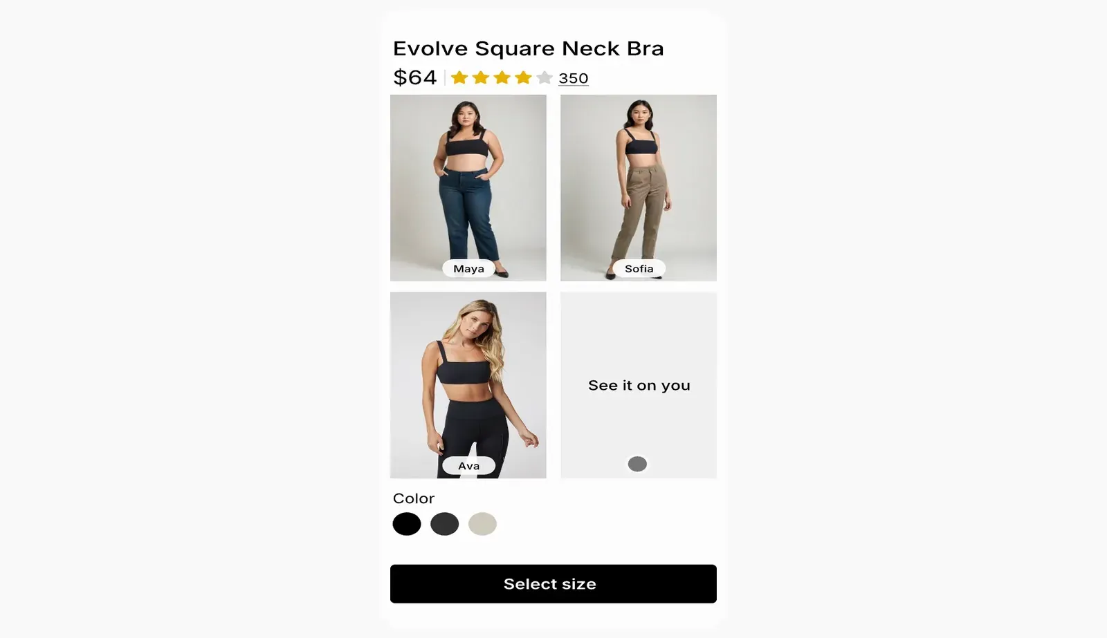 Official Tolstoy model-selection demo showing Maya, Sofia and Ava wearing the same Evolve Square Neck Bra, with a See it on you option