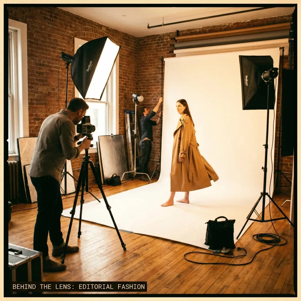 Product photoshoot of a model in a studio, seen from behind the camera
