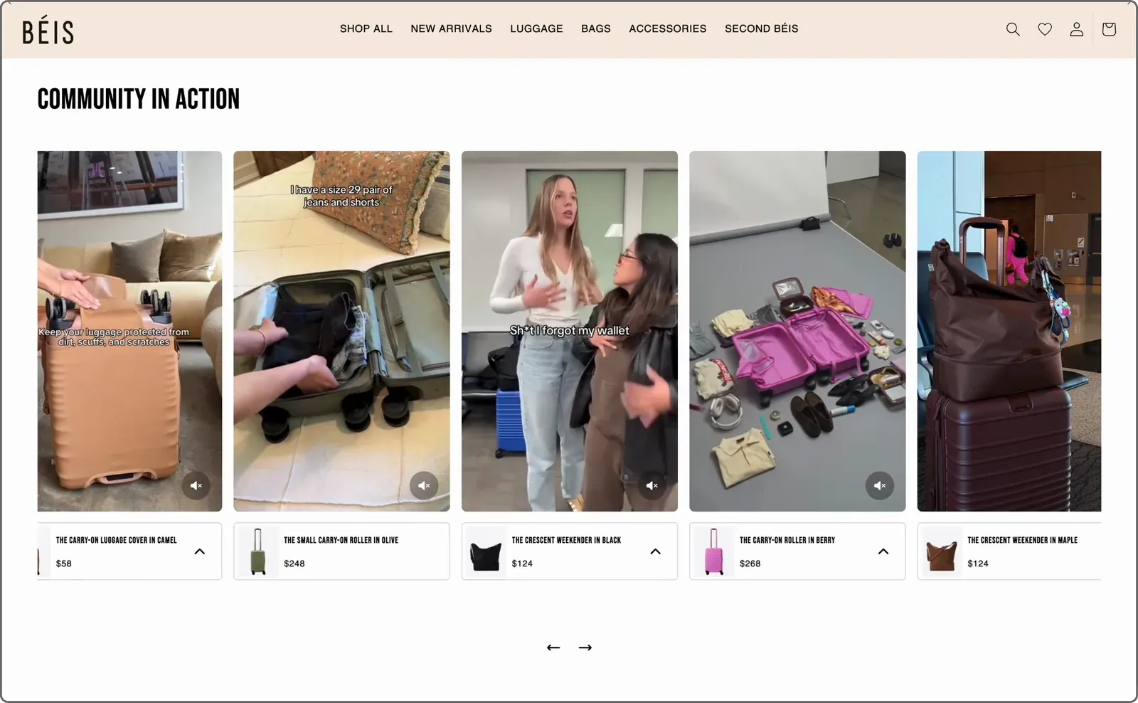 Béis storefront showing Tolstoy shoppable videos with featured products and prices beneath each clip