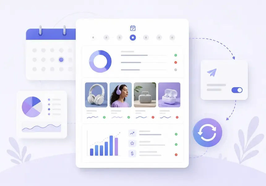 Content calendar with scheduled posts and performance charts