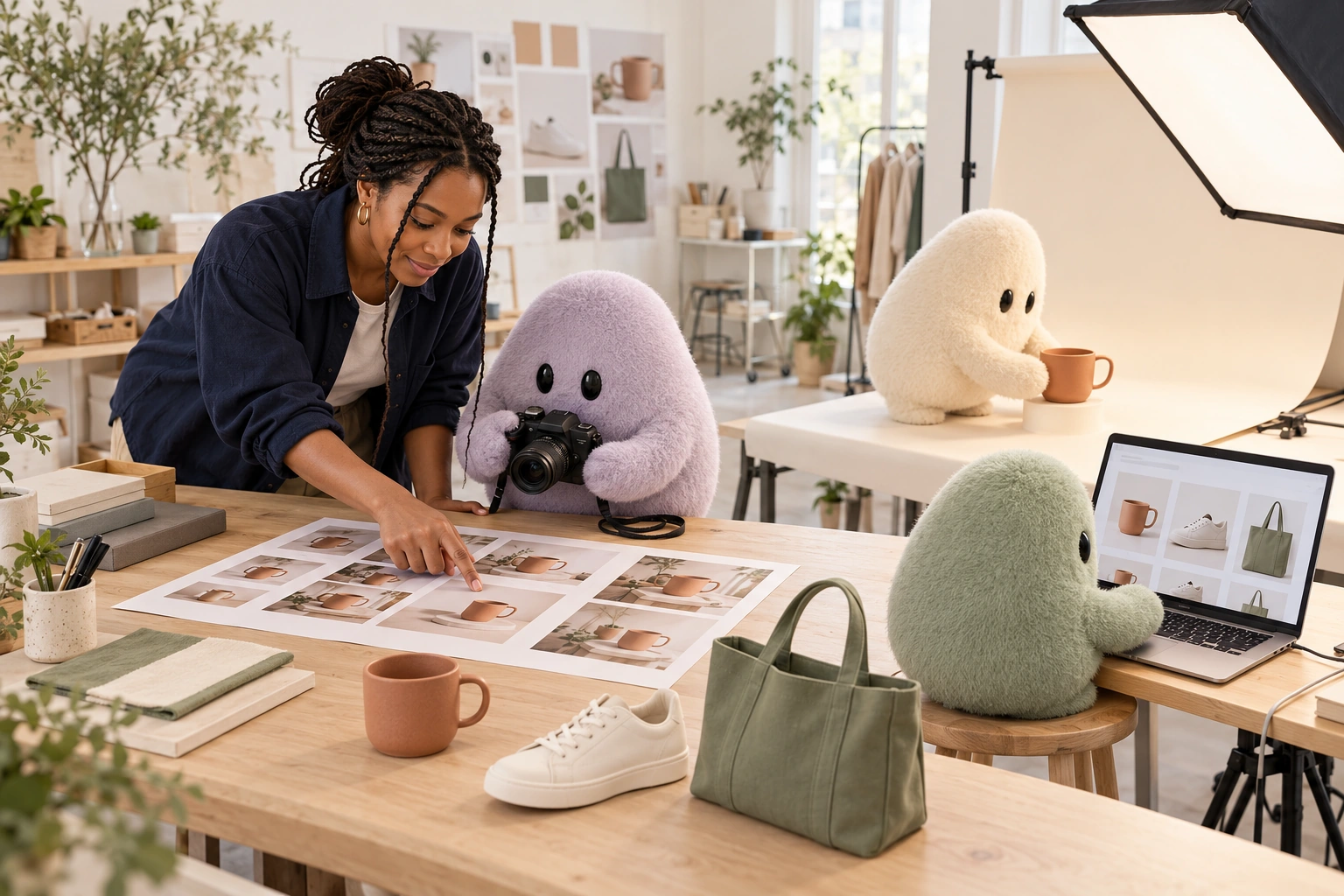 An agency team directs Shop Bots as they prepare creative and commerce work for a client.