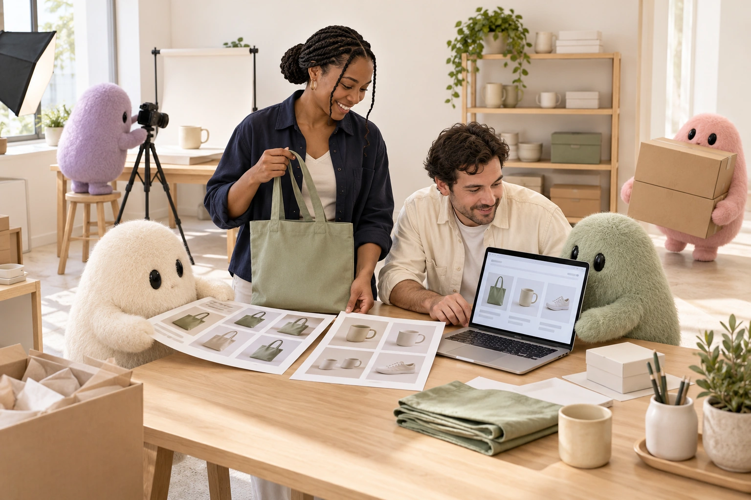 An agency team and Shop Bots work together in a shared commerce studio.