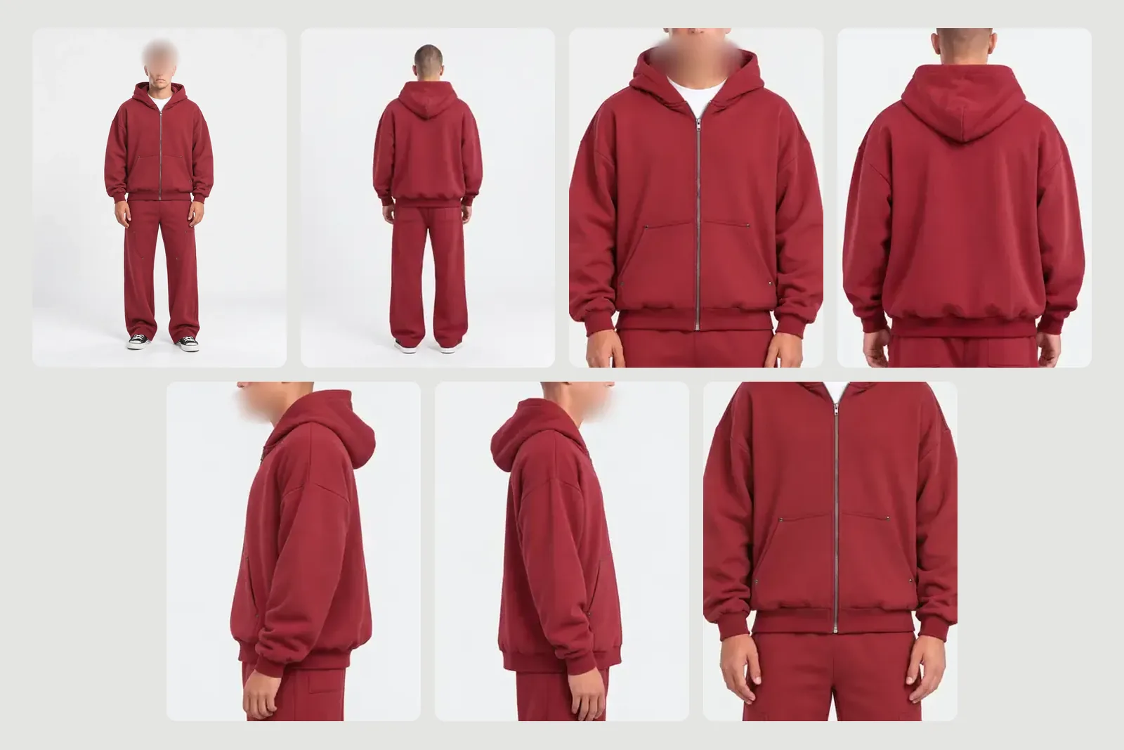 Contact sheet of seven generated views of one burgundy zip hoodie, worn by the same model on the same light background: front, back, two crops, left, right and a detail. The model’s face is blurred.