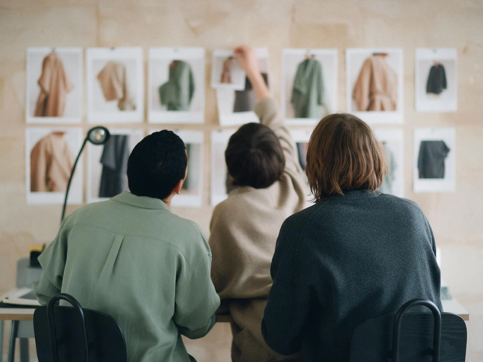 Three colleagues at a desk, one pinning product photos to a wall of prints