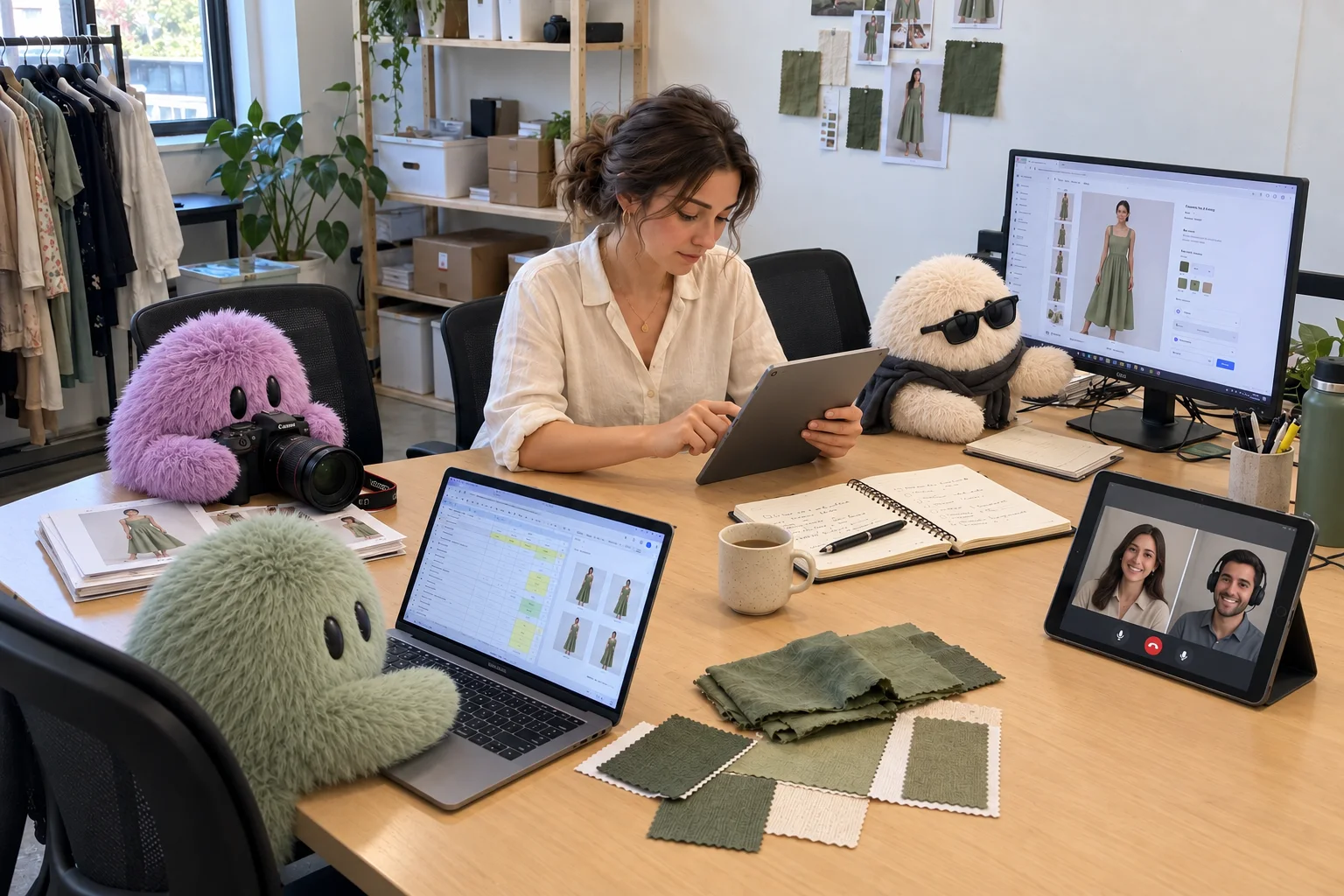 An illustrative scene of a brand team directing Shop Bots at work, with Tolstoy colleagues on a video call