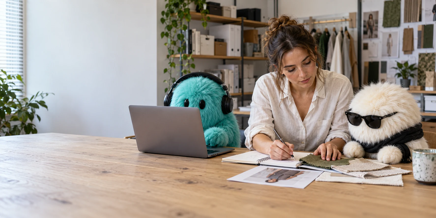 A brand owner and white Shop Bot compare fabric samples together while a turquoise Shop Bot works at their laptop