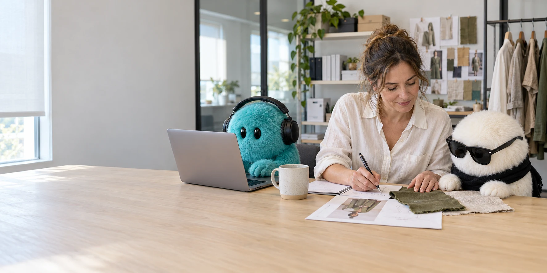A brand owner and white Shop Bot compare fabric samples together while a turquoise Shop Bot works at their laptop