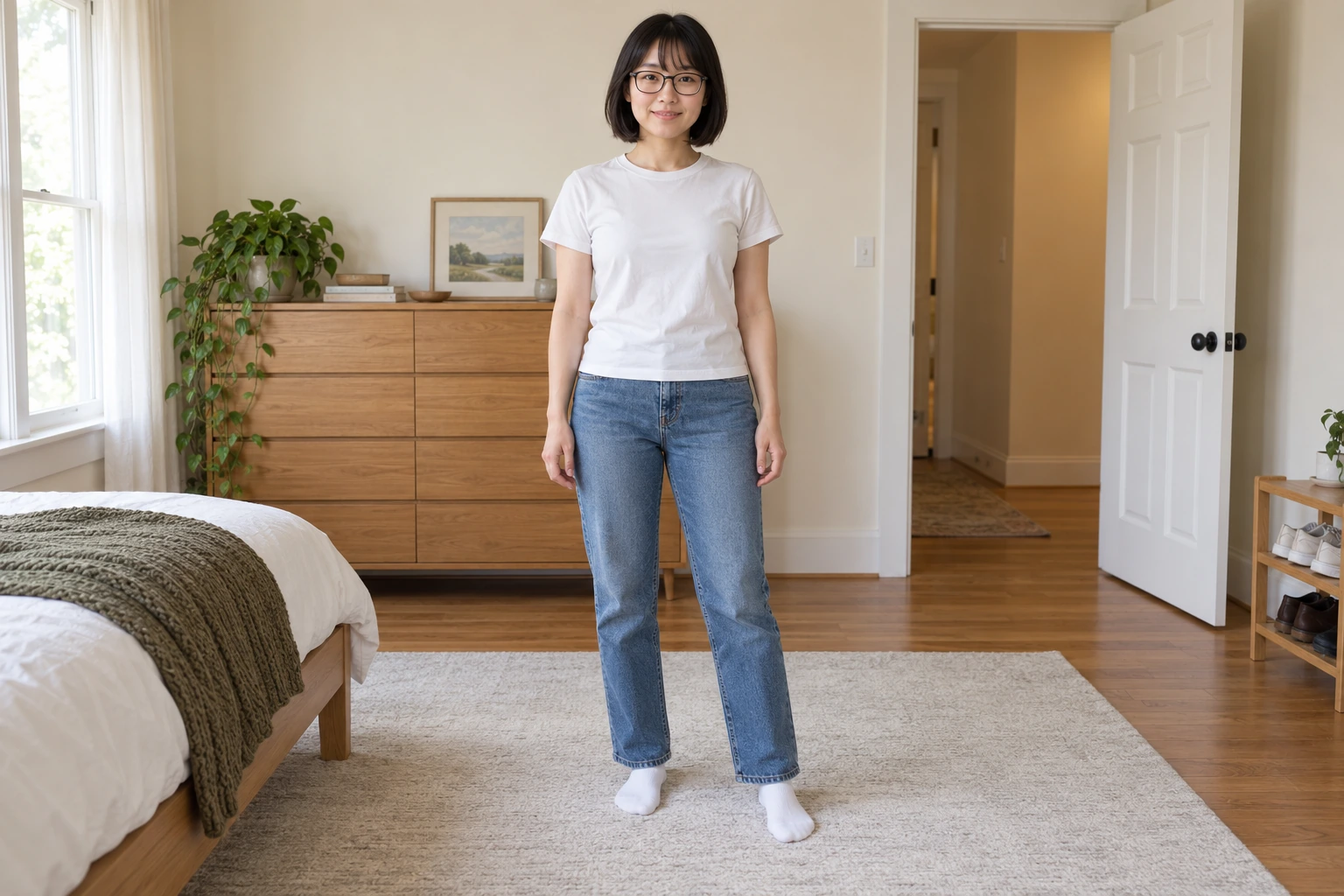 Example shopper wearing a white T-shirt and jeans before virtual try-on