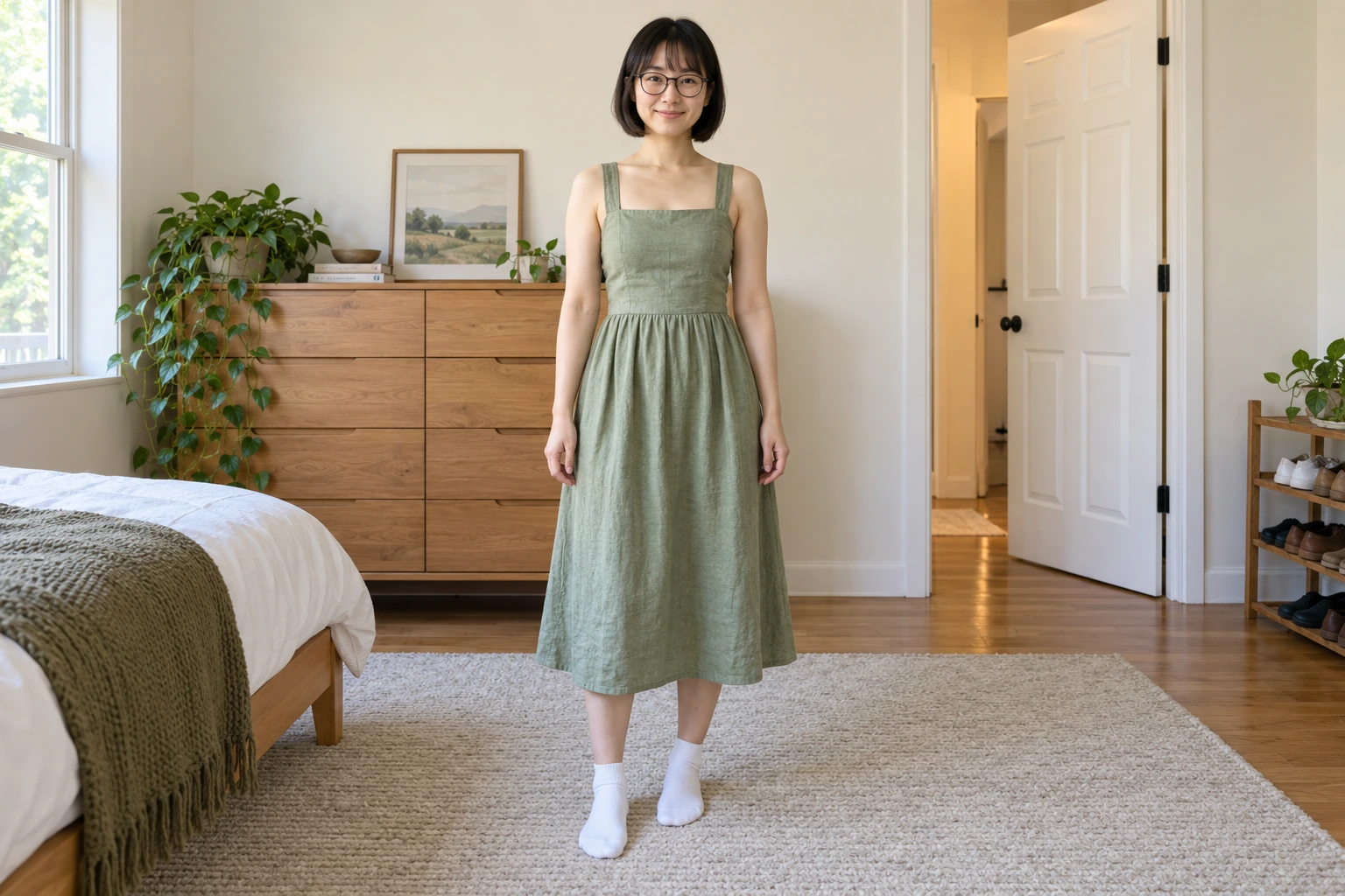 AI-generated example of the same shopper wearing the sage linen dress