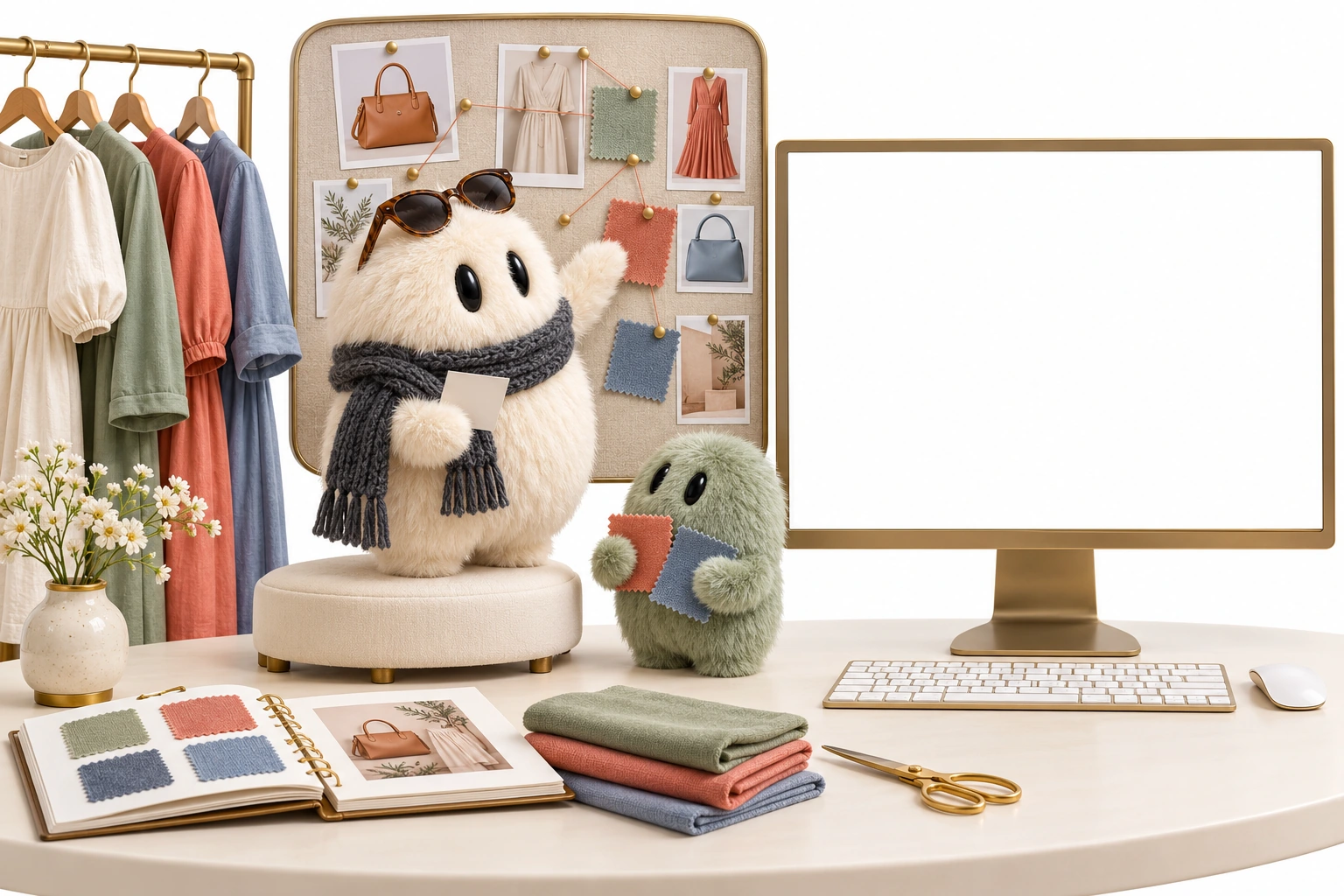 The Personal Shopper in a knitted charcoal scarf connects Maya’s preferences on a studio pinboard, while a helper compares fabric swatches beside her follow-up email
