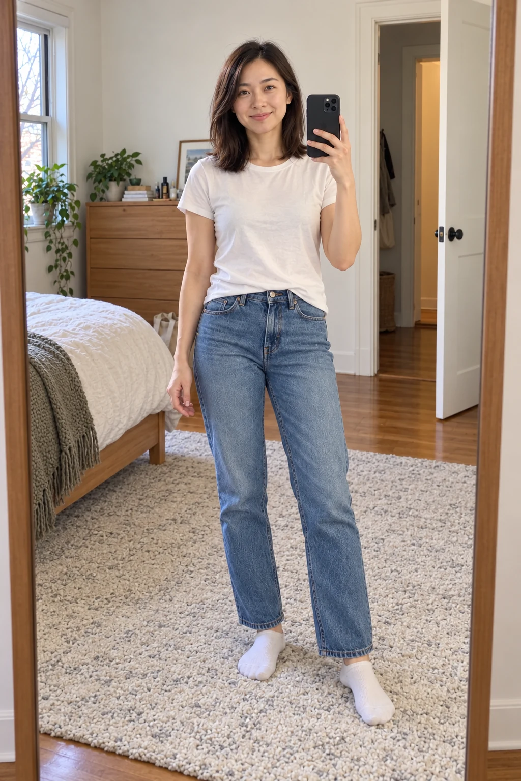 Maya’s mirror selfie in a white T-shirt and jeans