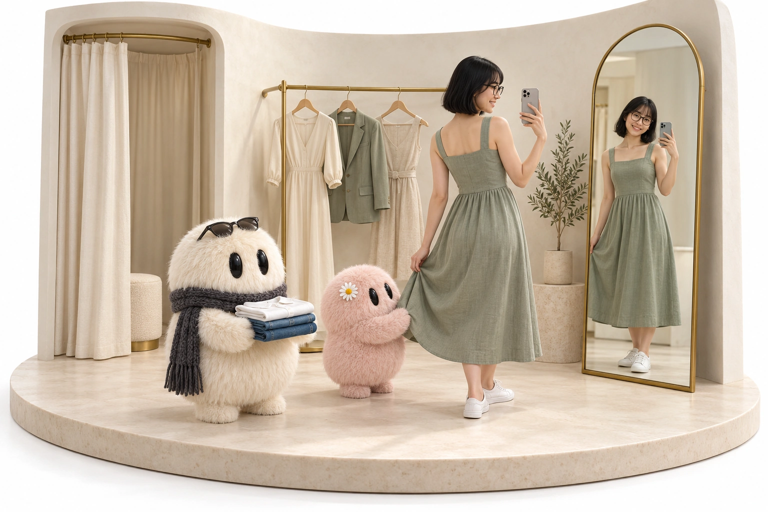Maya tries on the sage linen dress in a full fitting room, with a changing area, her Shop Bots and a full-length mirror