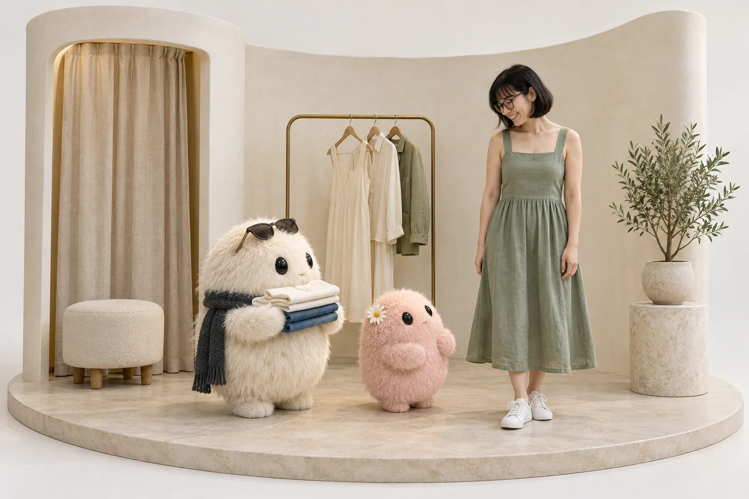 Maya tries on the sage linen dress in a fitting room beside her cream and pink Shop Bots