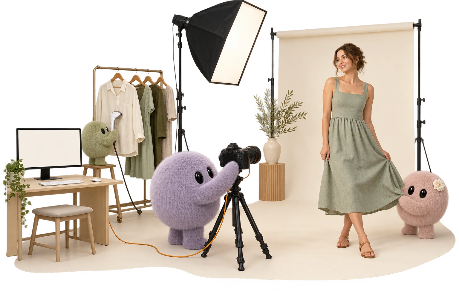 Shop Bots work together in the studio: the Creative Director photographs a model, a stylist adjusts her sage dress, and a wardrobe assistant steams clothes by the rack