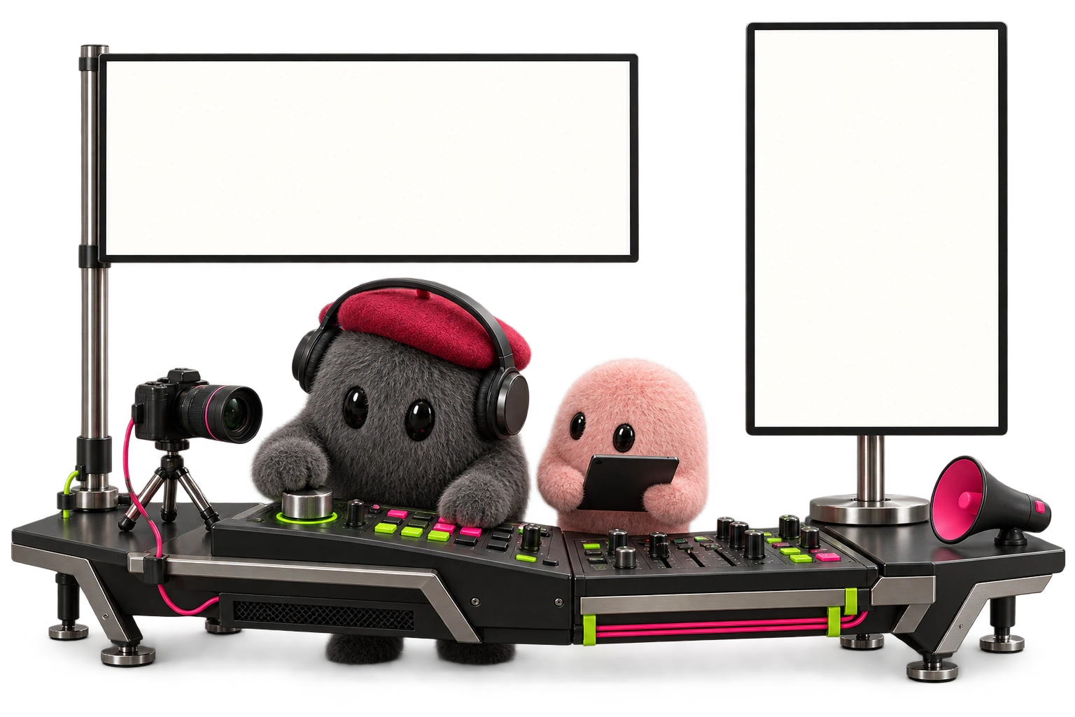 An Ads Manager in a red beret and headphones builds the campaign at a graphite control desk, with a creative assistant and two campaign screens