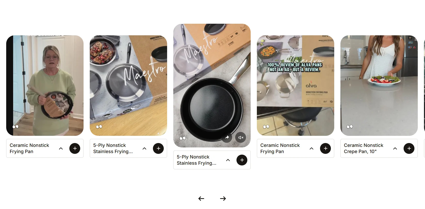 Alva Cookware shoppable video feed with cookware videos and linked product cards