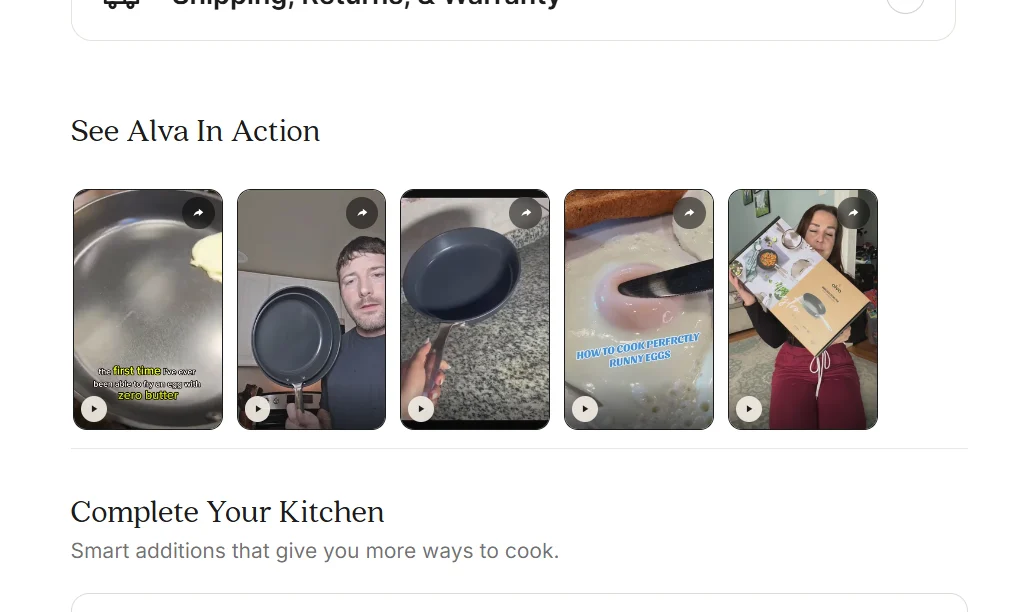 Alva Cookware website showing a row of short product videos under See Alva In Action