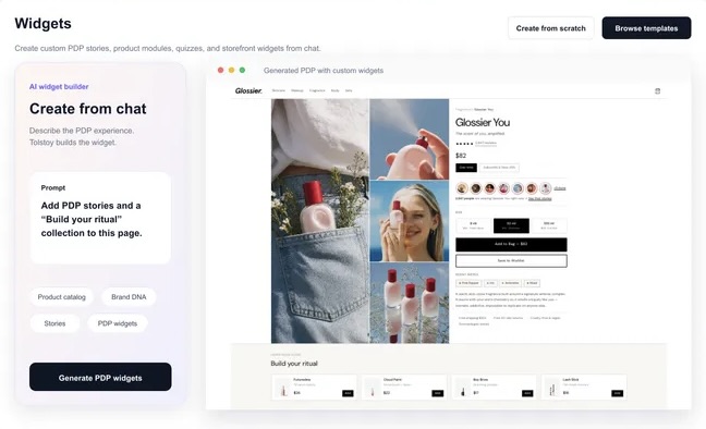 Tolstoy chat-based widget builder creating custom PDP stories and product modules